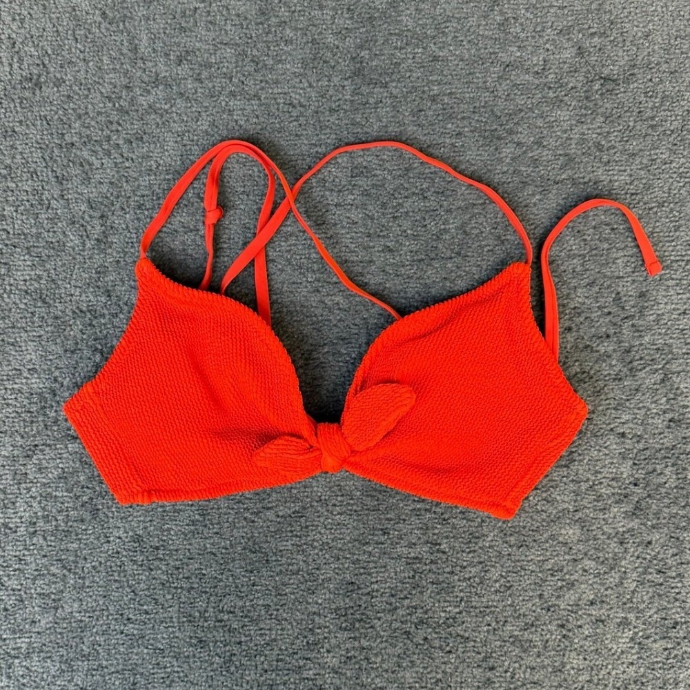 Kona Sol Orange Red Textured Smocked Tie Front Triangle Bikini Top Large
